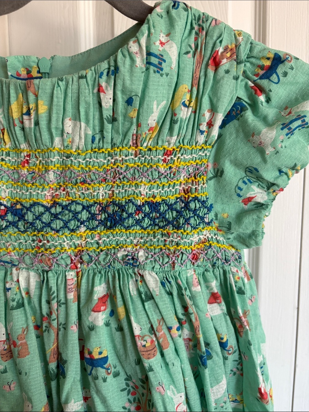 Mini Boden Mint Green Smocked Playful Whimsical Bunny Print Cotton Dress